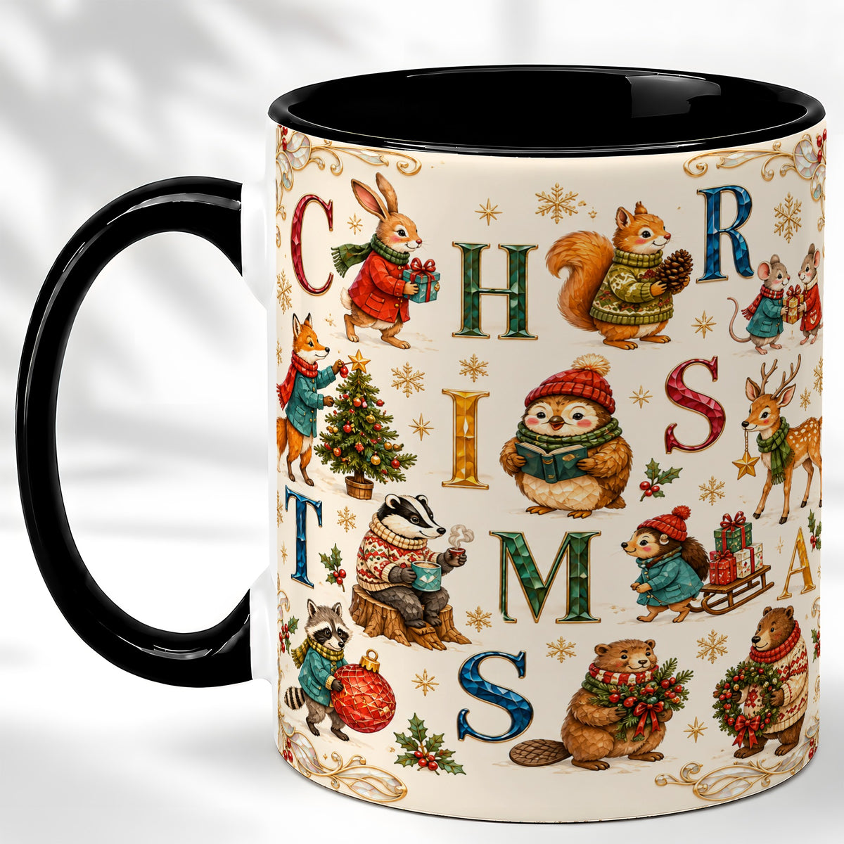 #pl[11oz|Black] Christmas Woodland Animals Coffee Mug, Holiday Mug, Ceramic Cup
