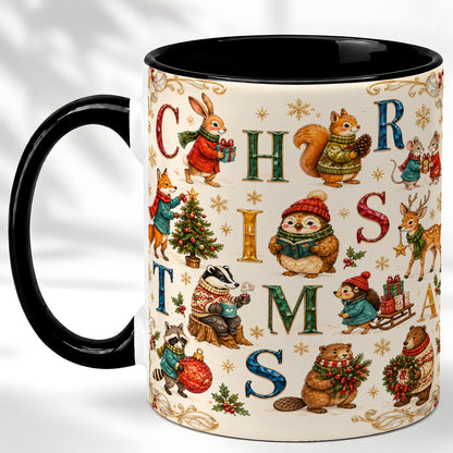 #pl[11oz|Black] Christmas Woodland Animals Coffee Mug, Holiday Mug, Ceramic Cup