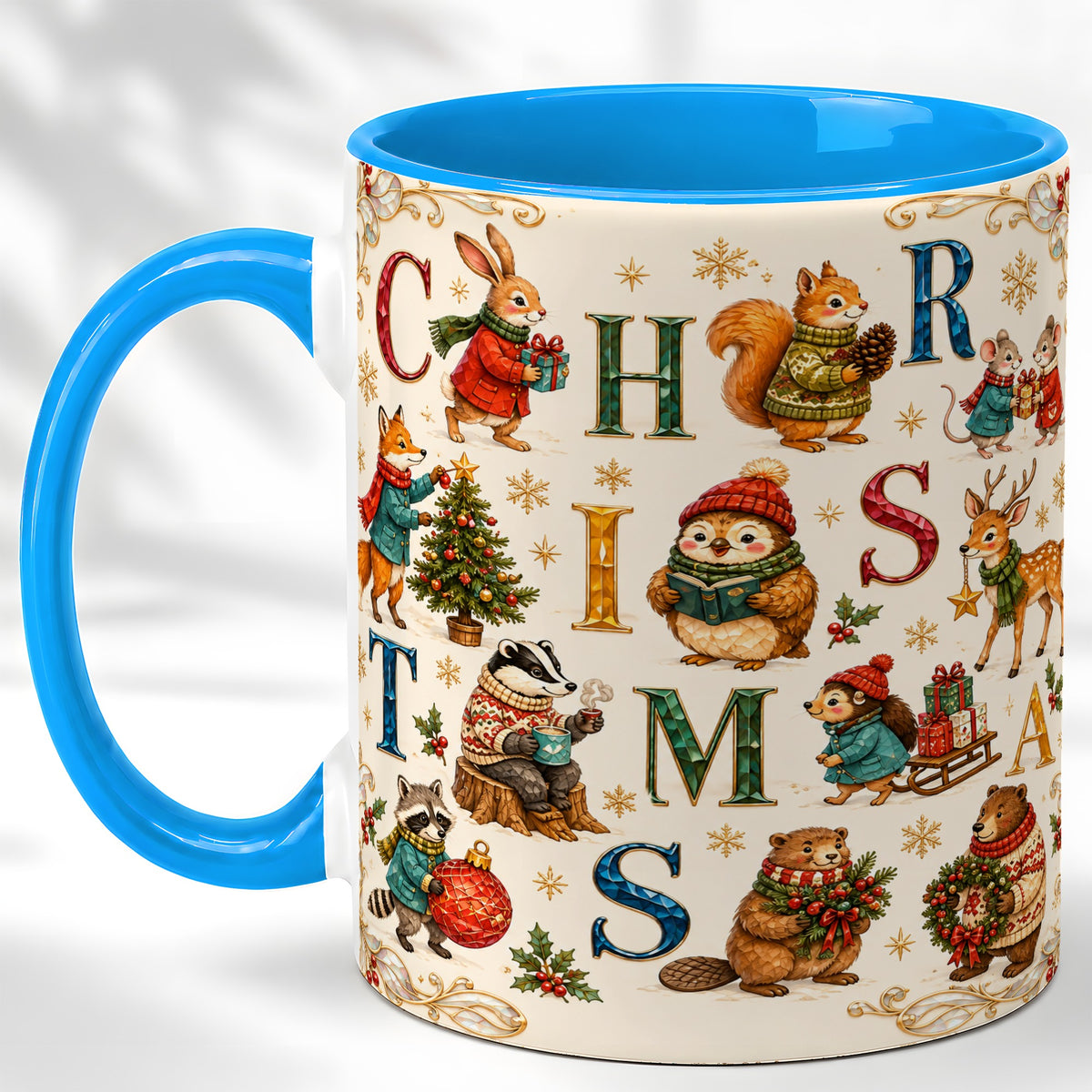 #pl[11oz|Blue] Christmas Woodland Animals Coffee Mug, Holiday Mug, Ceramic Cup