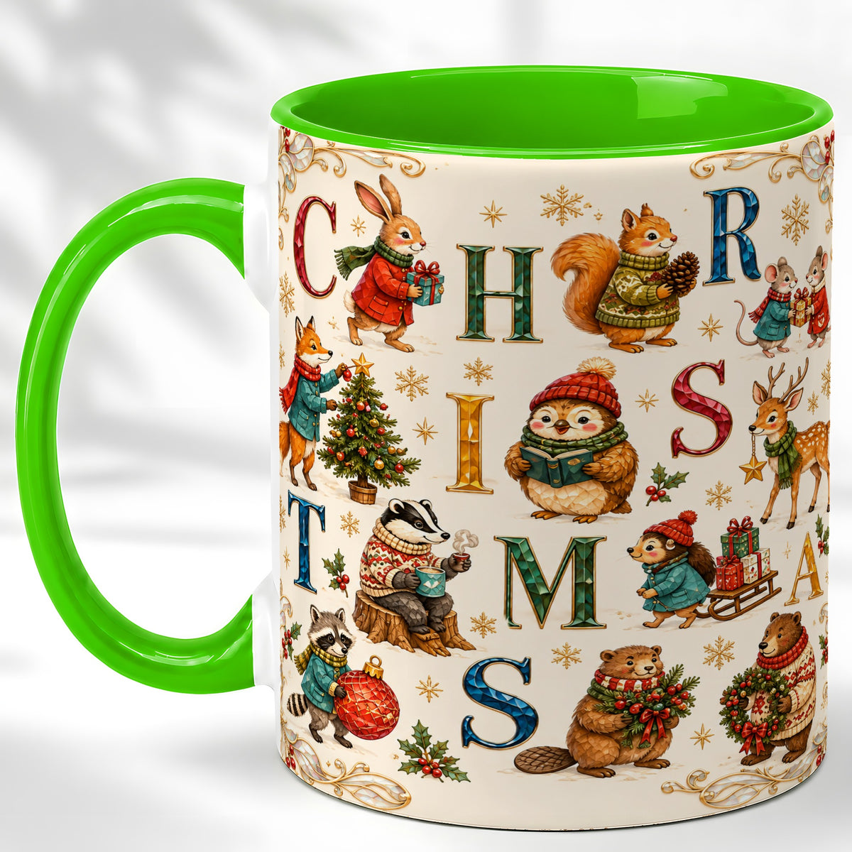 #pl[11oz|Green] Christmas Woodland Animals Coffee Mug, Holiday Mug, Ceramic Cup