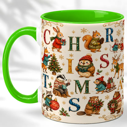 #pl[11oz|Green] Christmas Woodland Animals Coffee Mug, Holiday Mug, Ceramic Cup
