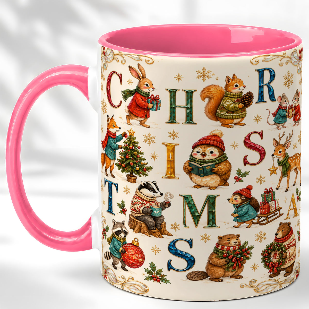 #pl[11oz|Pink] Christmas Woodland Animals Coffee Mug, Holiday Mug, Ceramic Cup