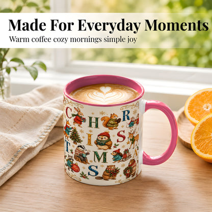 #pl[11oz|Pink] Christmas Woodland Animals Coffee Mug, Holiday Mug, Ceramic Cup