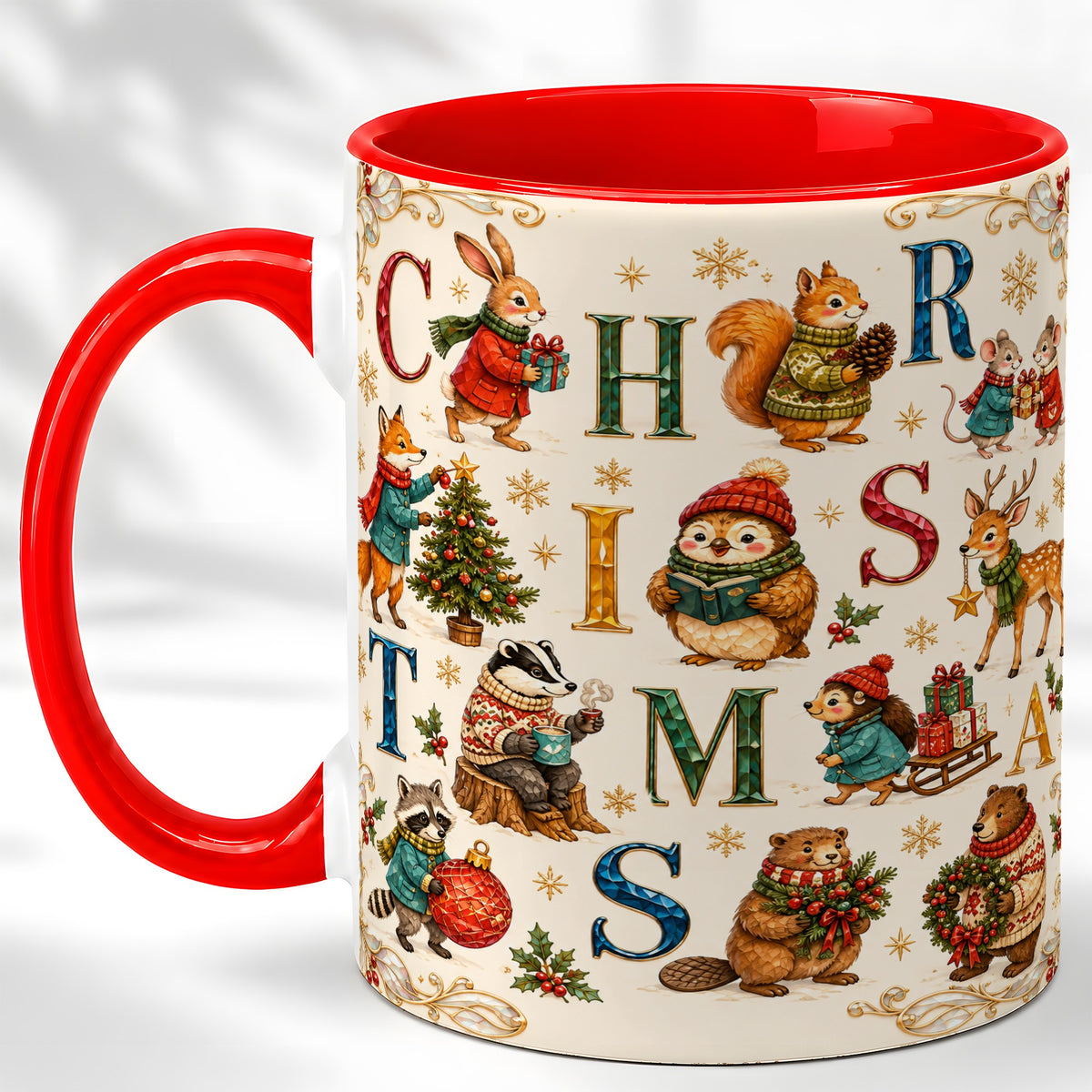 Christmas Woodland Animals Coffee Mug, Holiday Mug, Ceramic Cup