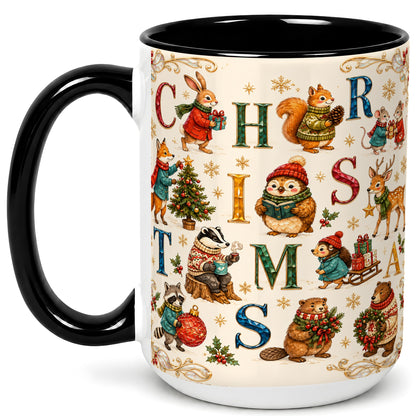 #pl[15oz|Black] Christmas Woodland Animals Coffee Mug, Holiday Mug, Ceramic Cup