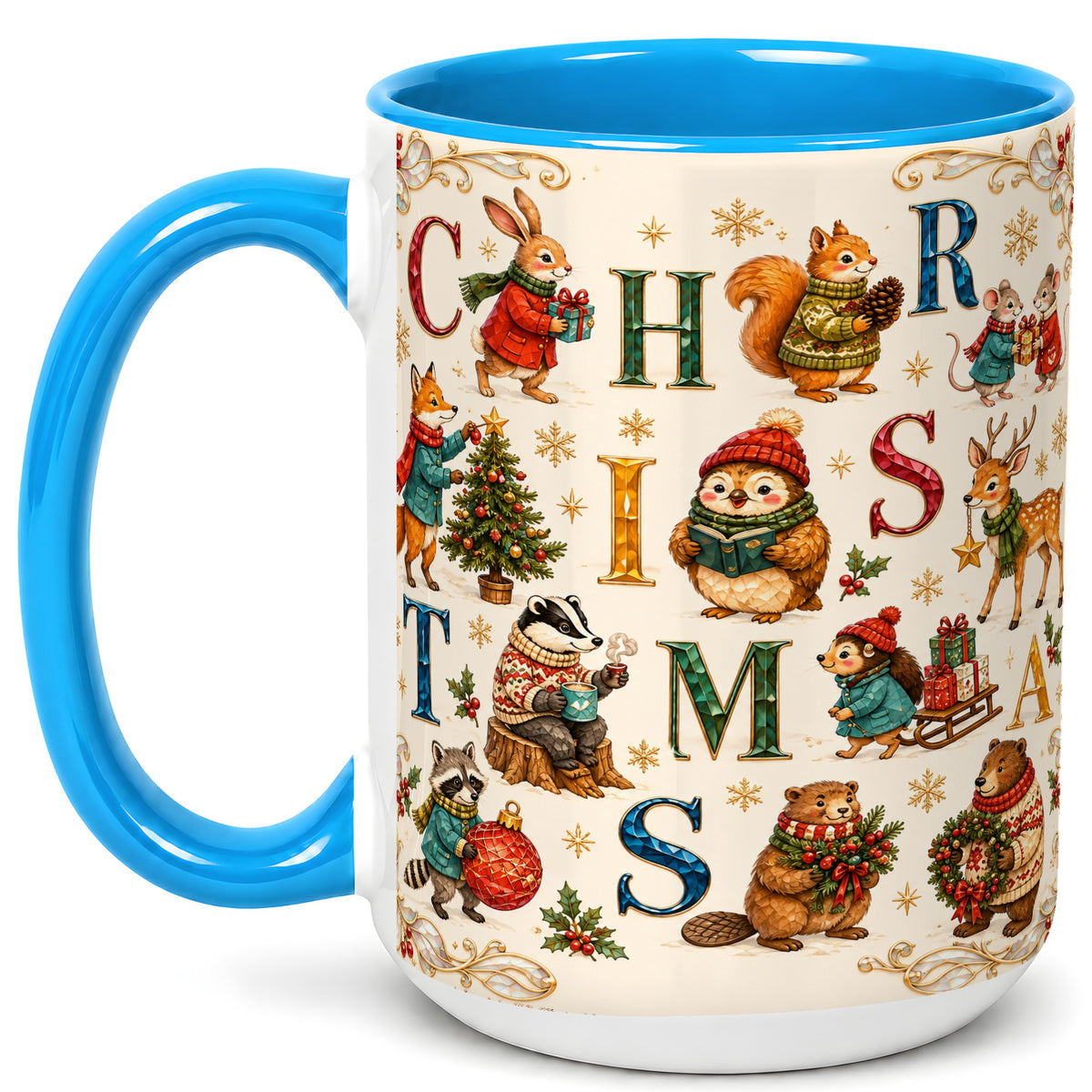 #pl[15oz|Blue] Christmas Woodland Animals Coffee Mug, Holiday Mug, Ceramic Cup