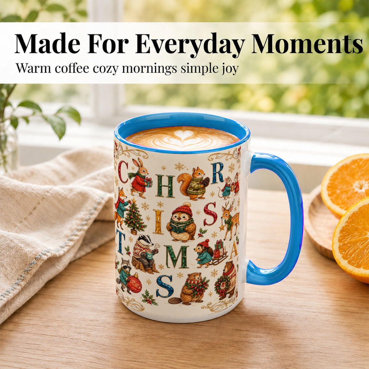 #pl[15oz|Blue] Christmas Woodland Animals Coffee Mug, Holiday Mug, Ceramic Cup