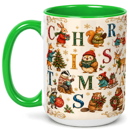 #pl[15oz|Green] Christmas Woodland Animals Coffee Mug, Holiday Mug, Ceramic Cup