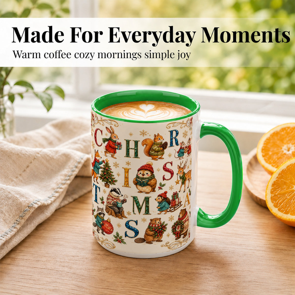 #pl[15oz|Green] Christmas Woodland Animals Coffee Mug, Holiday Mug, Ceramic Cup