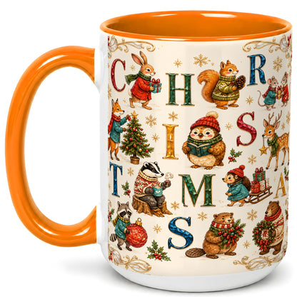 #pl[15oz|Orange] Christmas Woodland Animals Coffee Mug, Holiday Mug, Ceramic Cup
