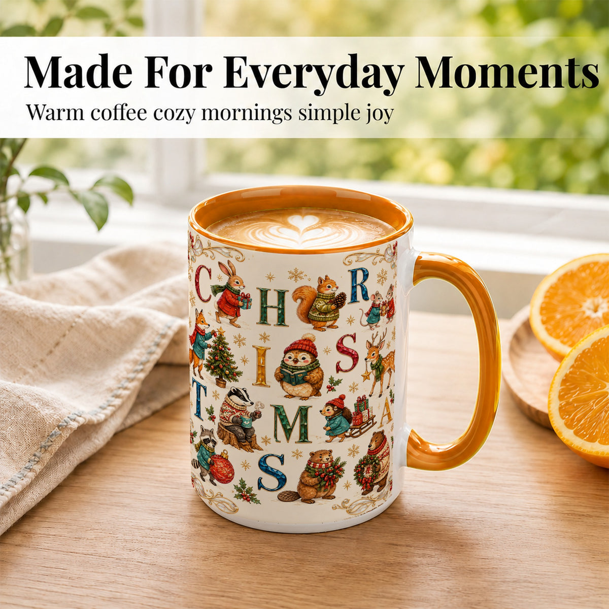 #pl[15oz|Orange] Christmas Woodland Animals Coffee Mug, Holiday Mug, Ceramic Cup