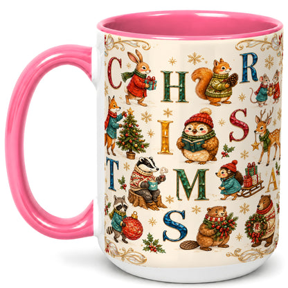 #pl[15oz|Pink] Christmas Woodland Animals Coffee Mug, Holiday Mug, Ceramic Cup