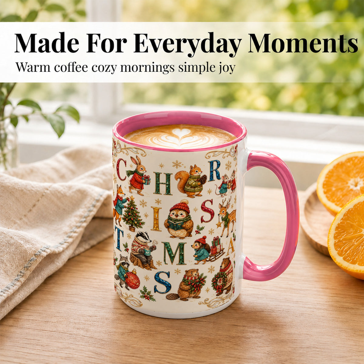 #pl[15oz|Pink] Christmas Woodland Animals Coffee Mug, Holiday Mug, Ceramic Cup