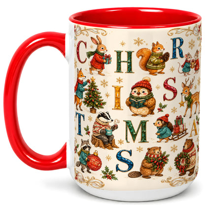 #pl[15oz|Red] Christmas Woodland Animals Coffee Mug, Holiday Mug, Ceramic Cup