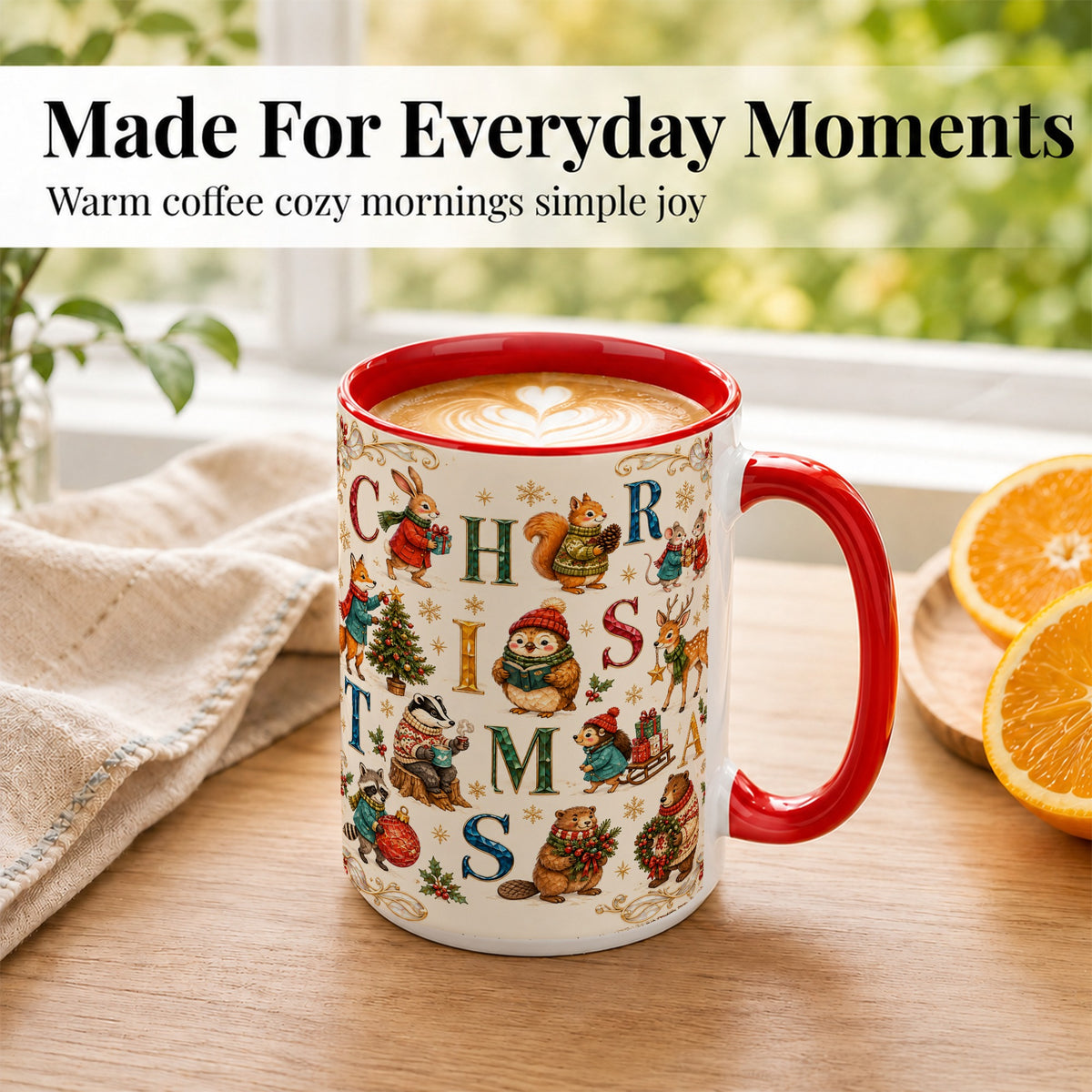 #pl[15oz|Red] Christmas Woodland Animals Coffee Mug, Holiday Mug, Ceramic Cup