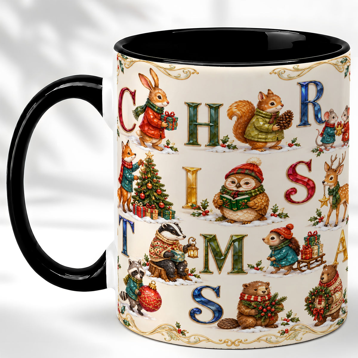 #pl[11oz|Black] Festive Woodland Animals Coffee Mug, Christmas Mug, Ceramic Cup