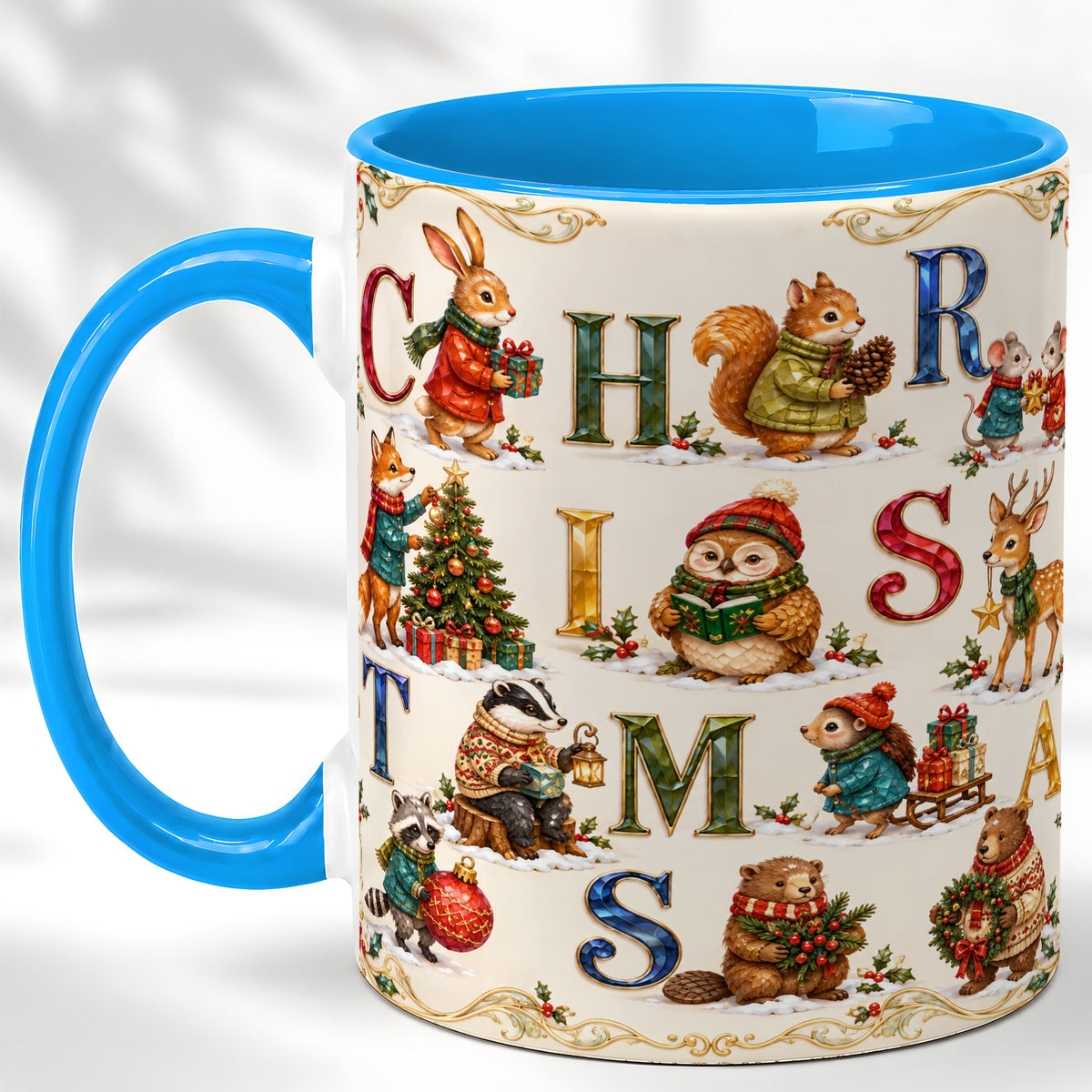 #pl[11oz|Blue] Festive Woodland Animals Coffee Mug, Christmas Mug, Ceramic Cup