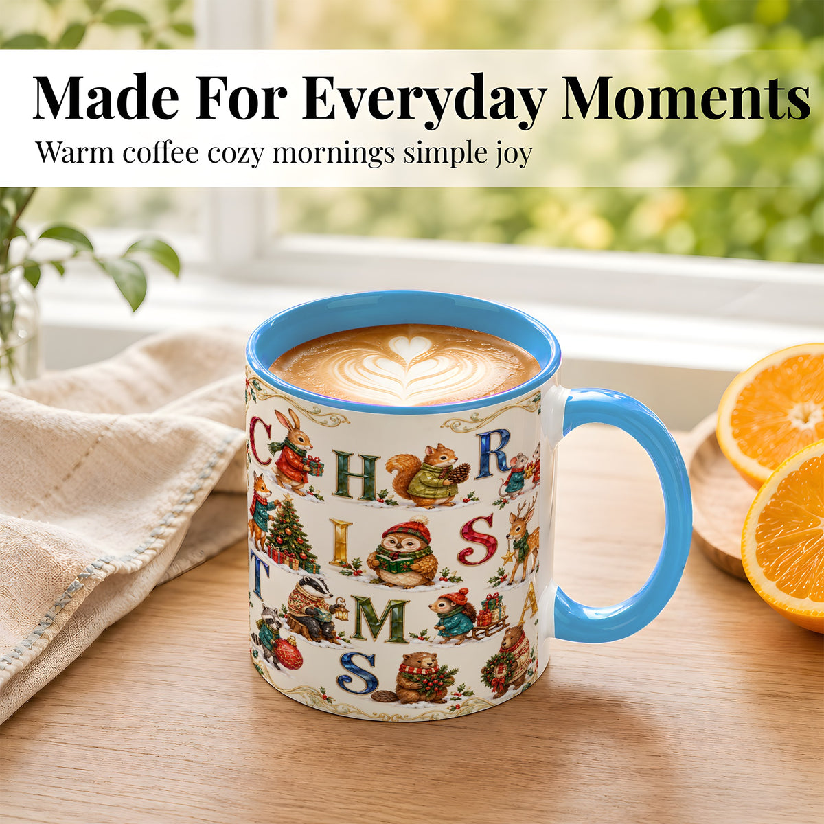 #pl[11oz|Blue] Festive Woodland Animals Coffee Mug, Christmas Mug, Ceramic Cup