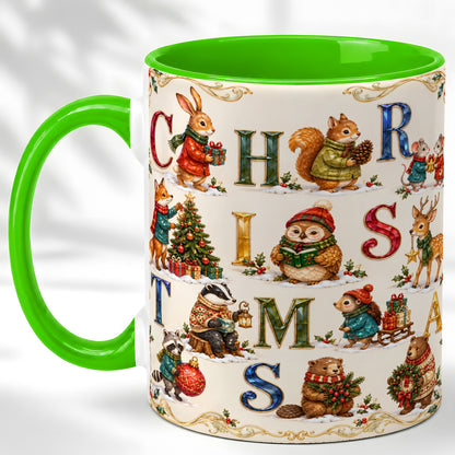 #pl[11oz|Green] Festive Woodland Animals Coffee Mug, Christmas Mug, Ceramic Cup