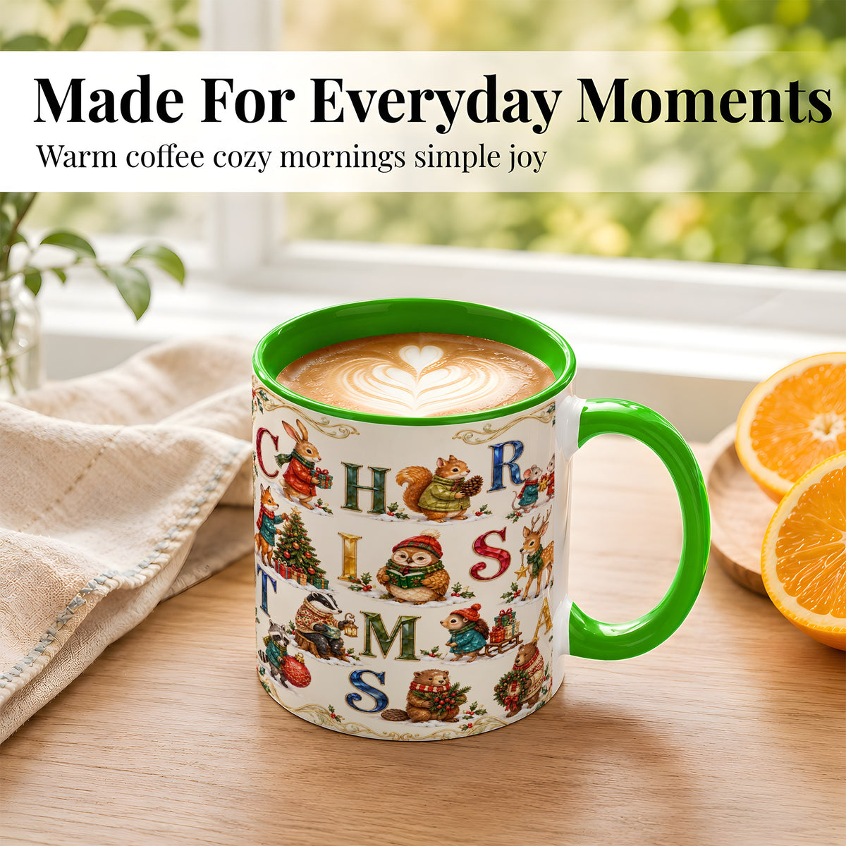 #pl[11oz|Green] Festive Woodland Animals Coffee Mug, Christmas Mug, Ceramic Cup