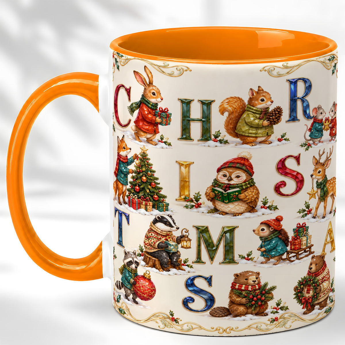 #pl[11oz|Orange] Festive Woodland Animals Coffee Mug, Christmas Mug, Ceramic Cup
