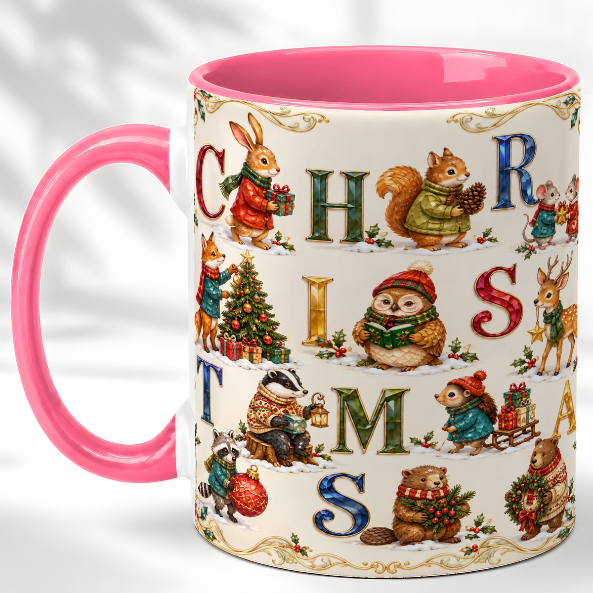#pl[11oz|Pink] Festive Woodland Animals Coffee Mug, Christmas Mug, Ceramic Cup