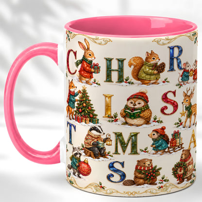 #pl[11oz|Pink] Festive Woodland Animals Coffee Mug, Christmas Mug, Ceramic Cup