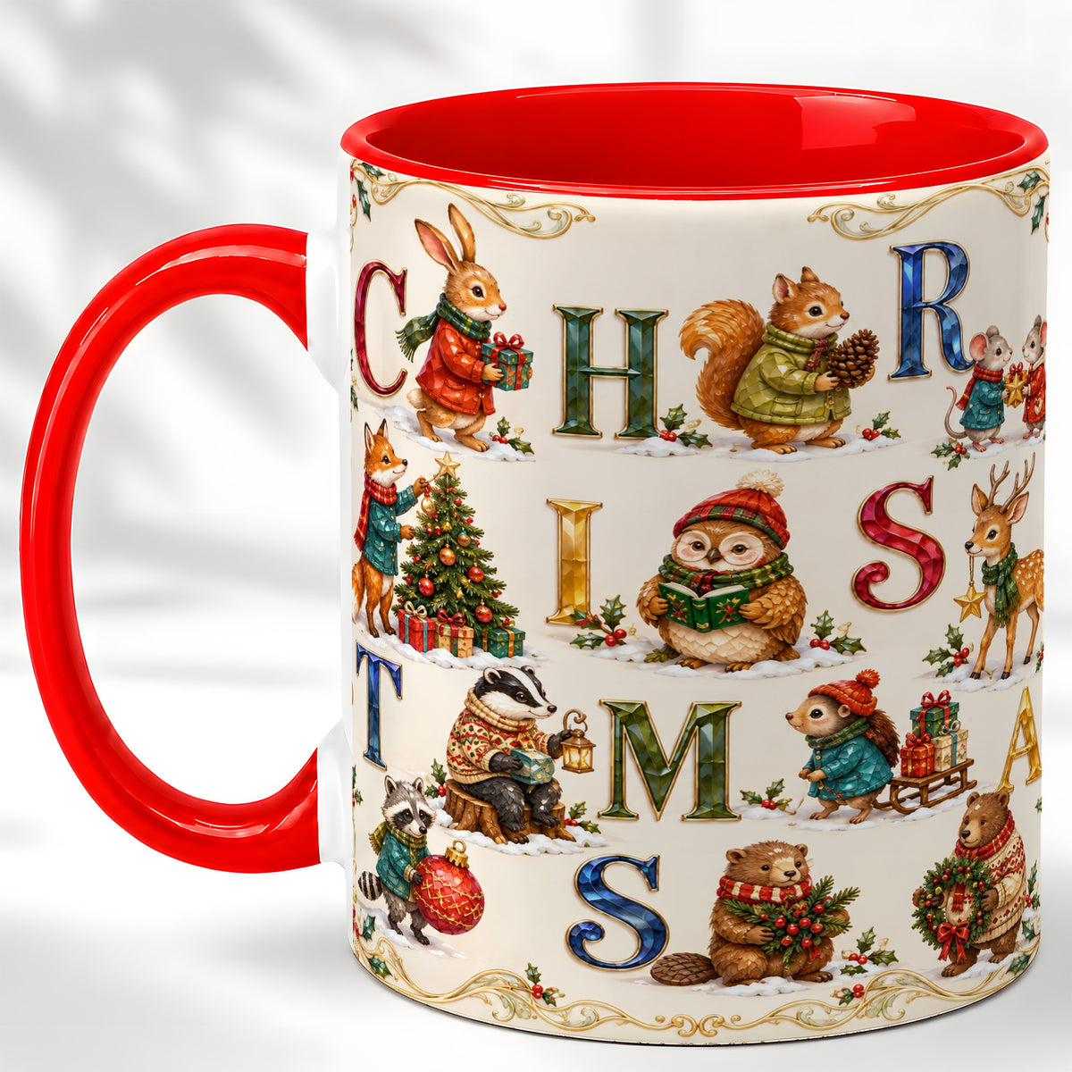 Festive Woodland Animals Coffee Mug, Christmas Mug, Ceramic Cup