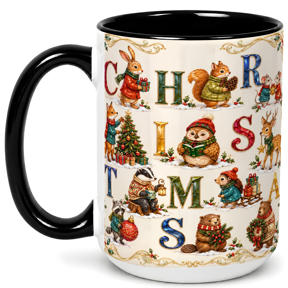 #pl[15oz|Black] Festive Woodland Animals Coffee Mug, Christmas Mug, Ceramic Cup