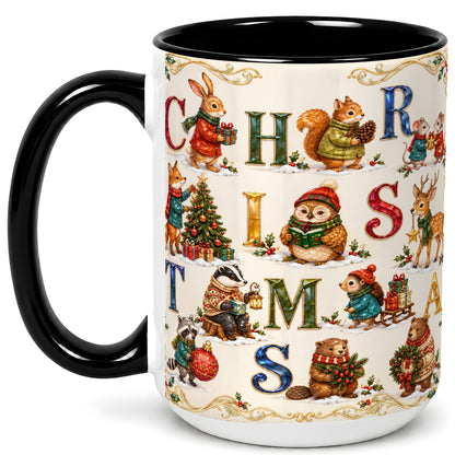 #pl[15oz|Black] Festive Woodland Animals Coffee Mug, Christmas Mug, Ceramic Cup