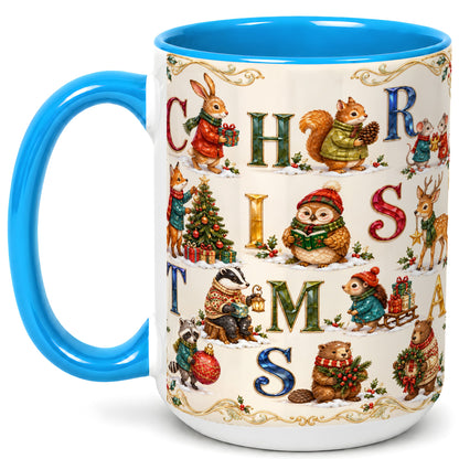 #pl[15oz|Blue] Festive Woodland Animals Coffee Mug, Christmas Mug, Ceramic Cup