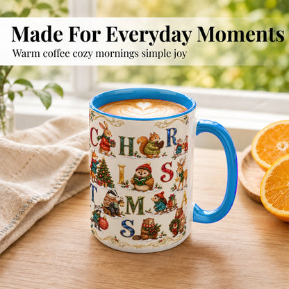 #pl[15oz|Blue] Festive Woodland Animals Coffee Mug, Christmas Mug, Ceramic Cup