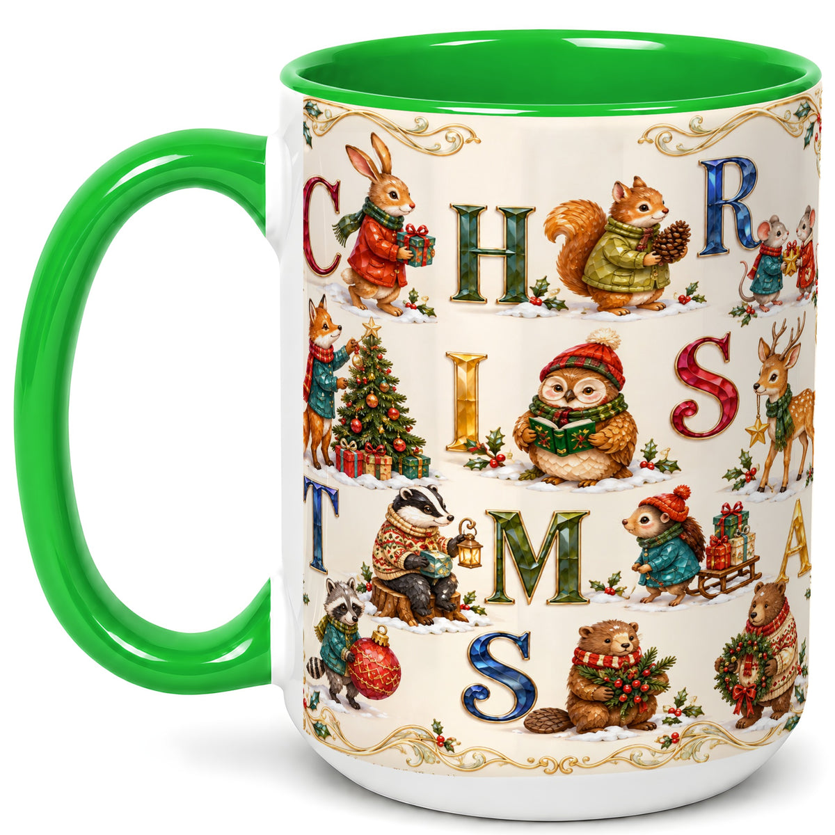 #pl[15oz|Green] Festive Woodland Animals Coffee Mug, Christmas Mug, Ceramic Cup