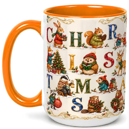 #pl[15oz|Orange] Festive Woodland Animals Coffee Mug, Christmas Mug, Ceramic Cup