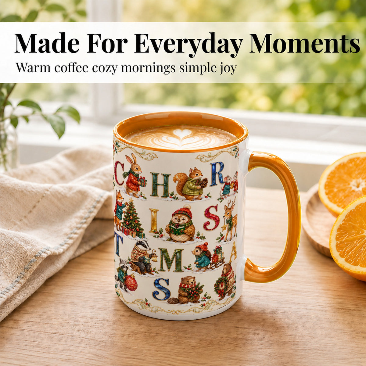 #pl[15oz|Orange] Festive Woodland Animals Coffee Mug, Christmas Mug, Ceramic Cup