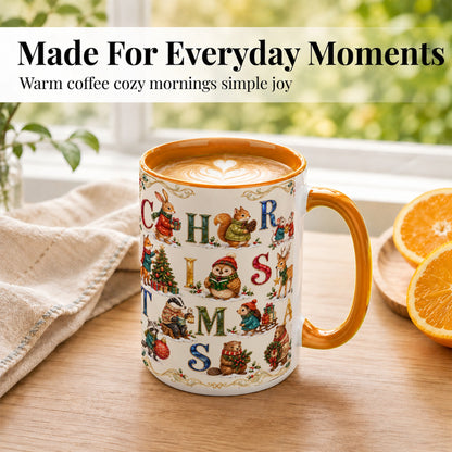 #pl[15oz|Orange] Festive Woodland Animals Coffee Mug, Christmas Mug, Ceramic Cup