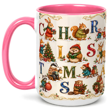 #pl[15oz|Pink] Festive Woodland Animals Coffee Mug, Christmas Mug, Ceramic Cup