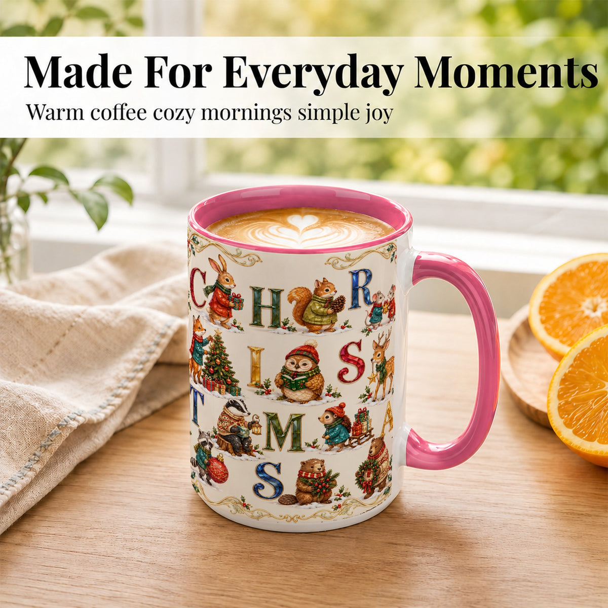 #pl[15oz|Pink] Festive Woodland Animals Coffee Mug, Christmas Mug, Ceramic Cup