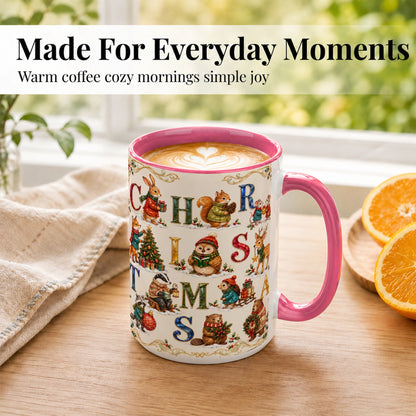#pl[15oz|Pink] Festive Woodland Animals Coffee Mug, Christmas Mug, Ceramic Cup