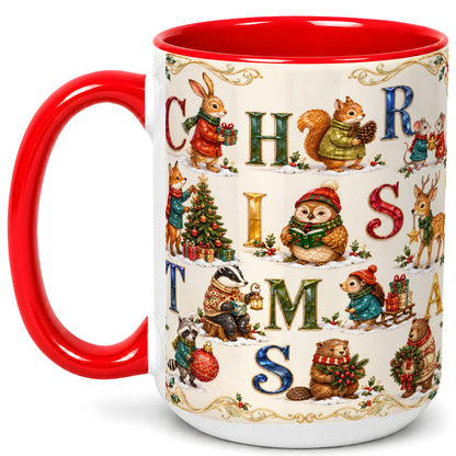 #pl[15oz|Red] Festive Woodland Animals Coffee Mug, Christmas Mug, Ceramic Cup