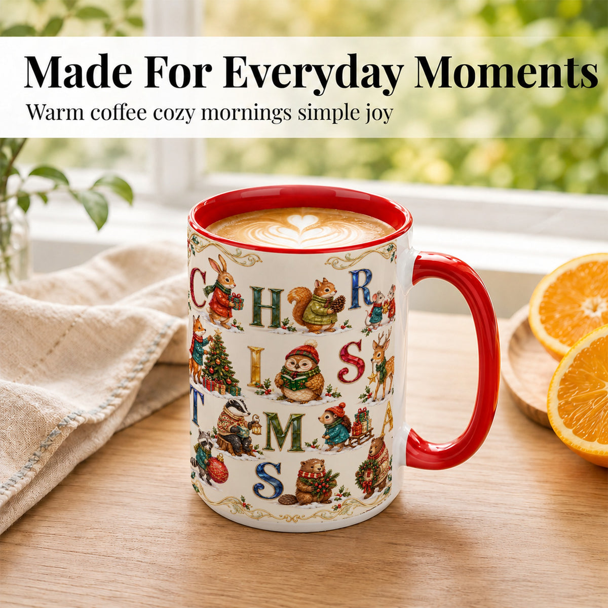 #pl[15oz|Red] Festive Woodland Animals Coffee Mug, Christmas Mug, Ceramic Cup