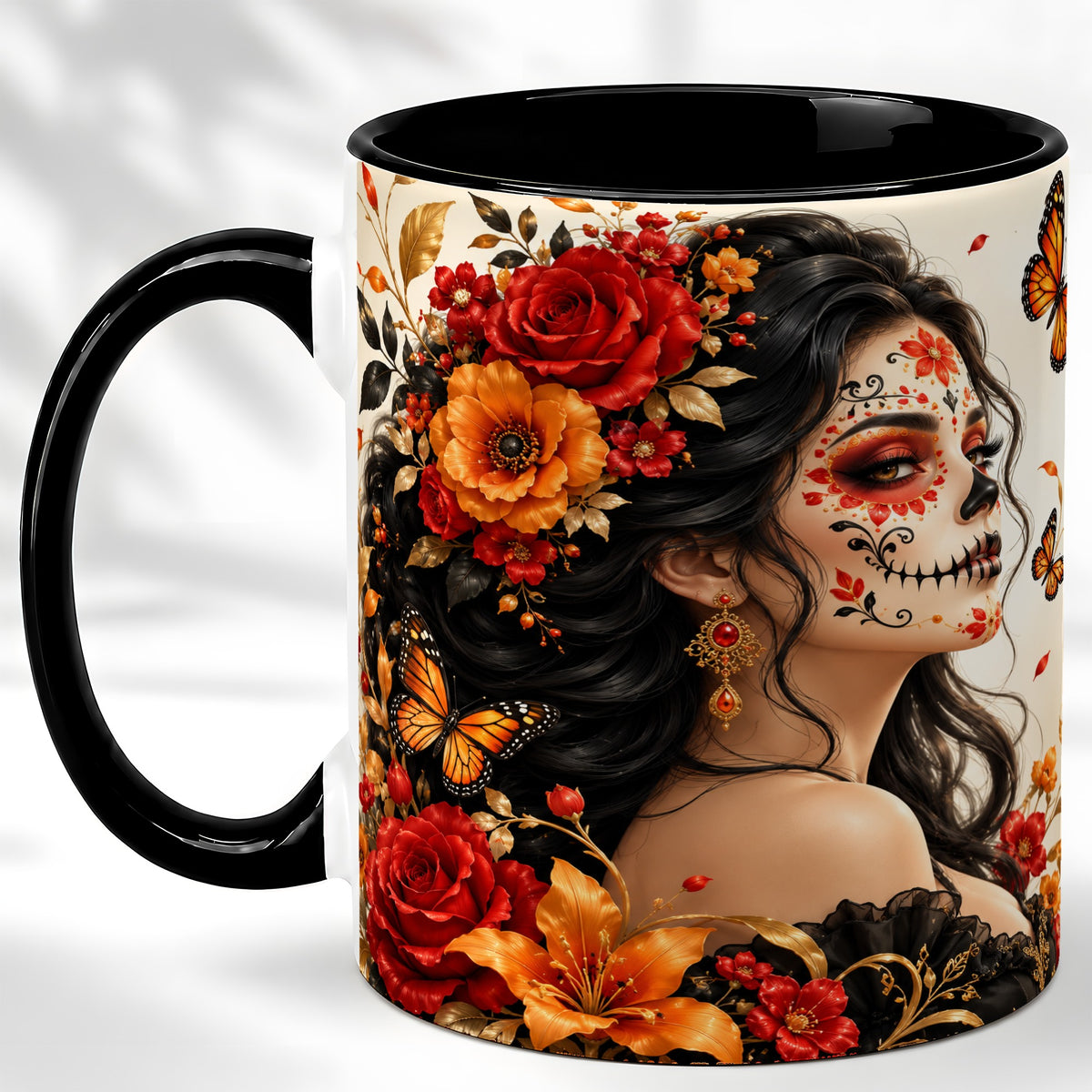 #pl[11oz|Black] Floral Sugar Skull Woman Coffee Mug, Butterfly Mug, Ceramic Cup