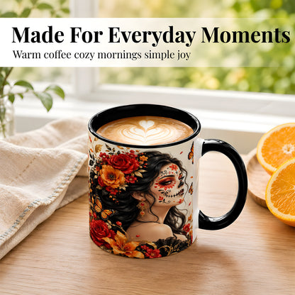 #pl[11oz|Black] Floral Sugar Skull Woman Coffee Mug, Butterfly Mug, Ceramic Cup