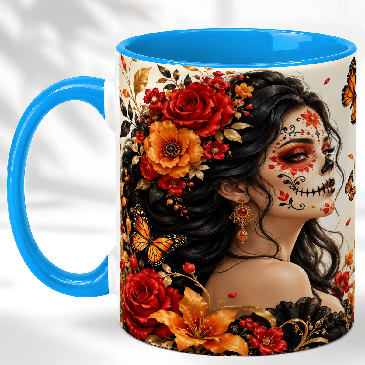 #pl[11oz|Blue] Floral Sugar Skull Woman Coffee Mug, Butterfly Mug, Ceramic Cup
