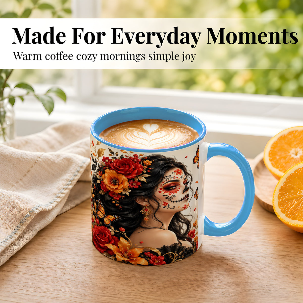 #pl[11oz|Blue] Floral Sugar Skull Woman Coffee Mug, Butterfly Mug, Ceramic Cup
