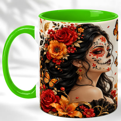 #pl[11oz|Green] Floral Sugar Skull Woman Coffee Mug, Butterfly Mug, Ceramic Cup