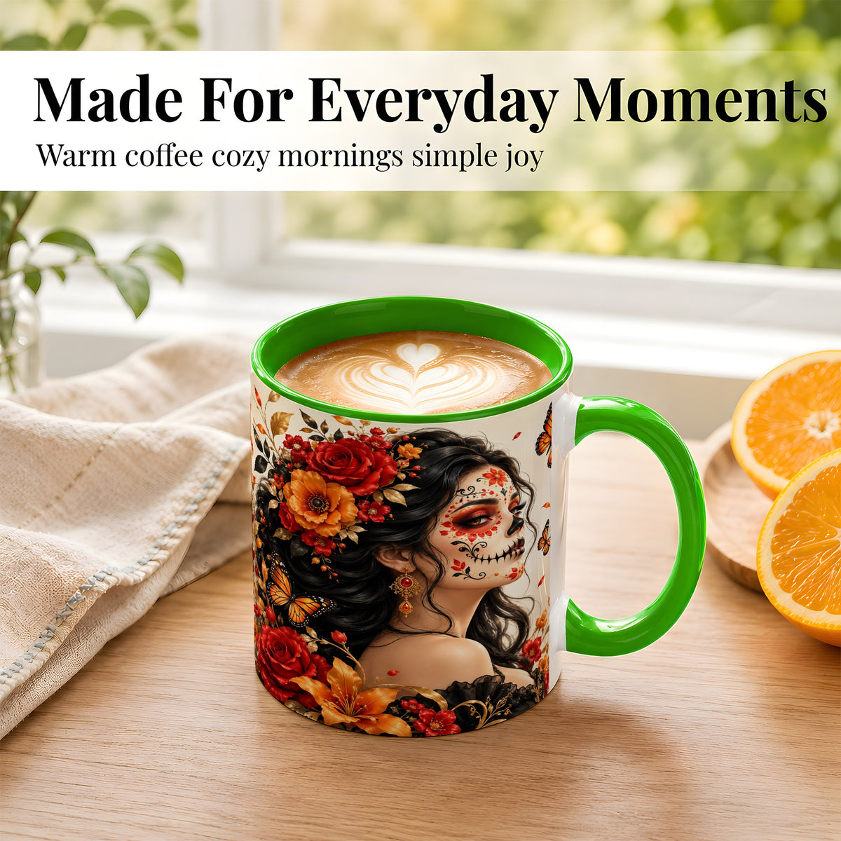 #pl[11oz|Green] Floral Sugar Skull Woman Coffee Mug, Butterfly Mug, Ceramic Cup
