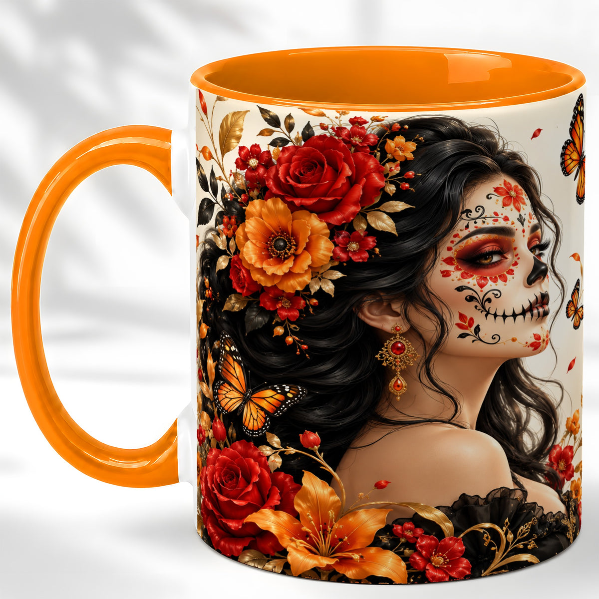 #pl[11oz|Orange] Floral Sugar Skull Woman Coffee Mug, Butterfly Mug, Ceramic Cup