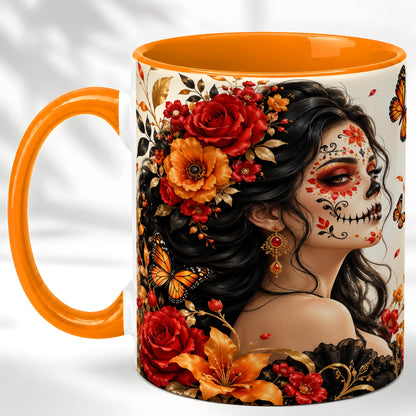#pl[11oz|Orange] Floral Sugar Skull Woman Coffee Mug, Butterfly Mug, Ceramic Cup