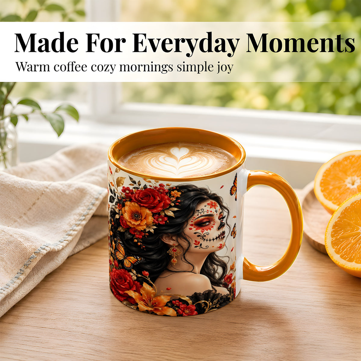 #pl[11oz|Orange] Floral Sugar Skull Woman Coffee Mug, Butterfly Mug, Ceramic Cup
